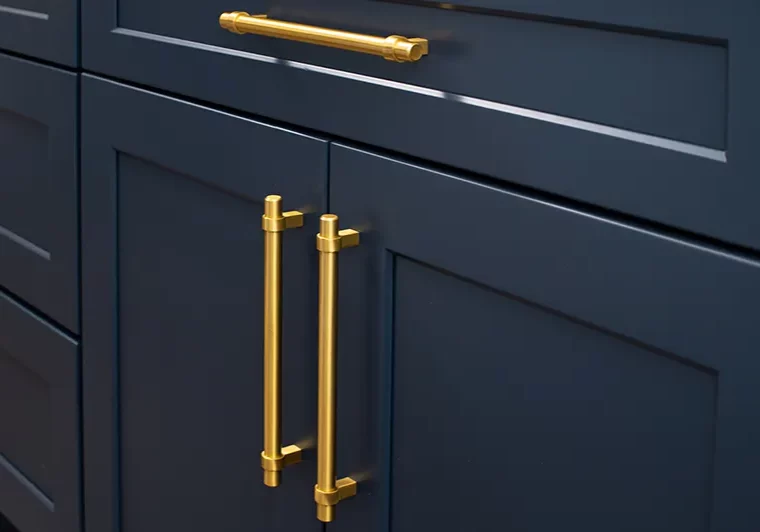 Cabinet-Hardware Complimentary Gold Hardware on Blue Cabinet | Distinctive Flooring